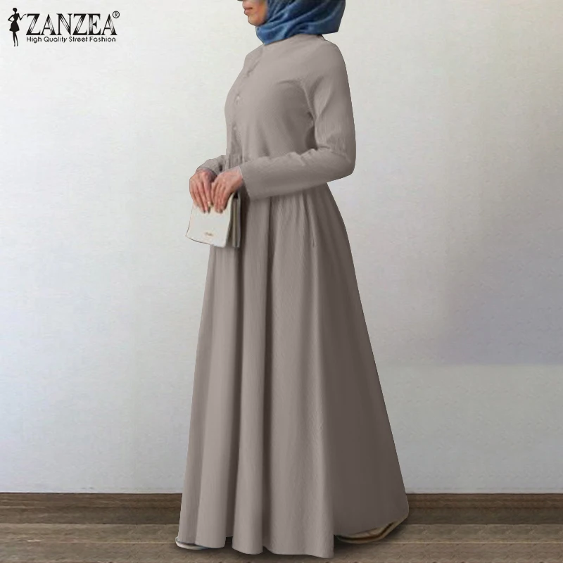 Retro Muslim Islamic Robe Womens Autumn Dress ZANZEA Casual Long Sleeve Button Maxi Vestidos Female Solid Turkish Clothing