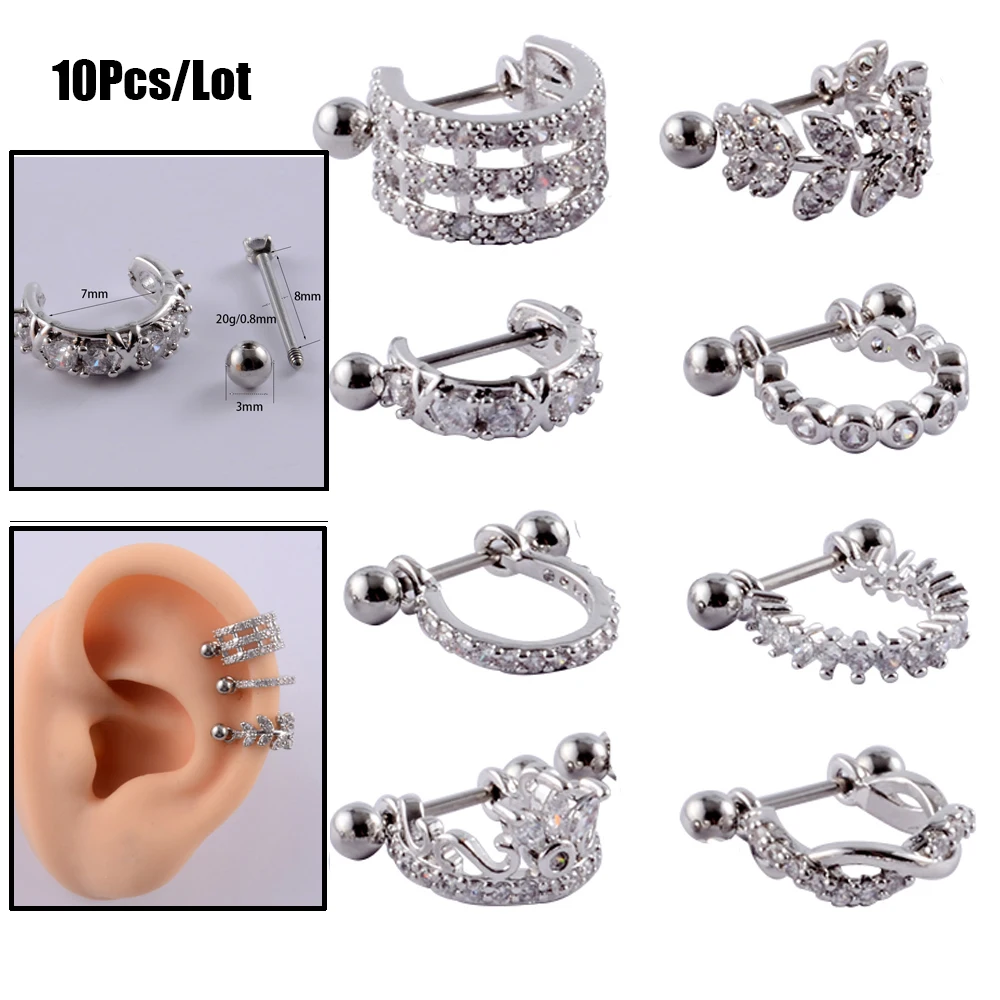 10Pcs Rvs U Type Earring Barbell Met Cz Hoepel Kraakbeen Helix Daith