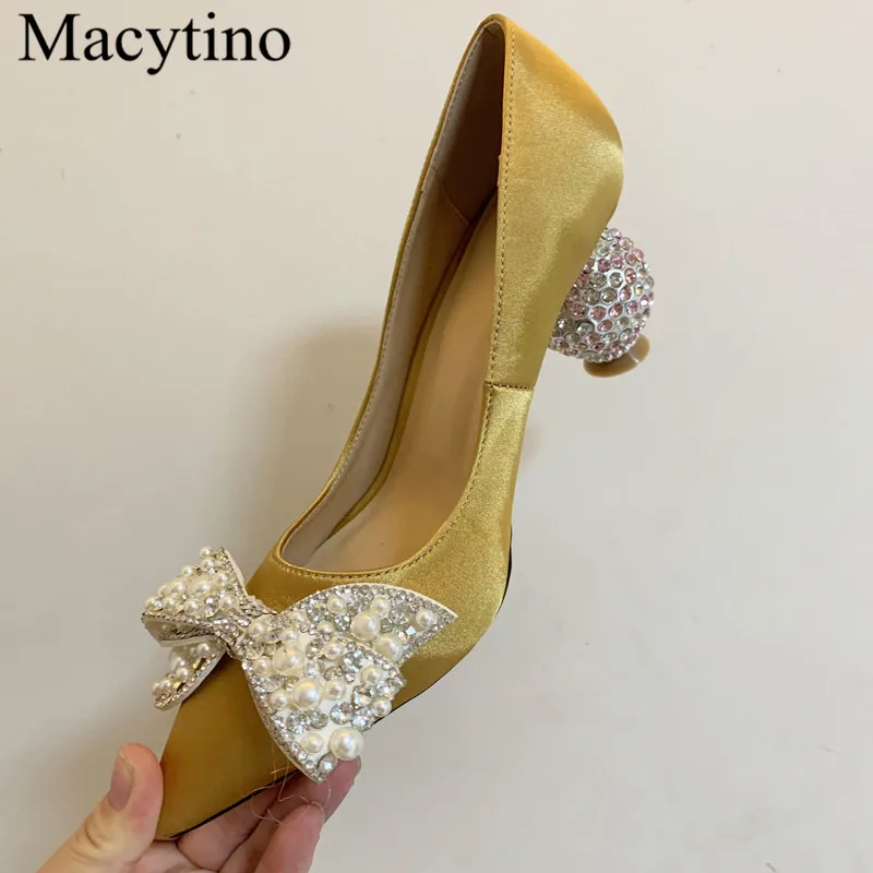 Новые женские туфли на высоком каблуке с бантом и украшением острым носком обувь