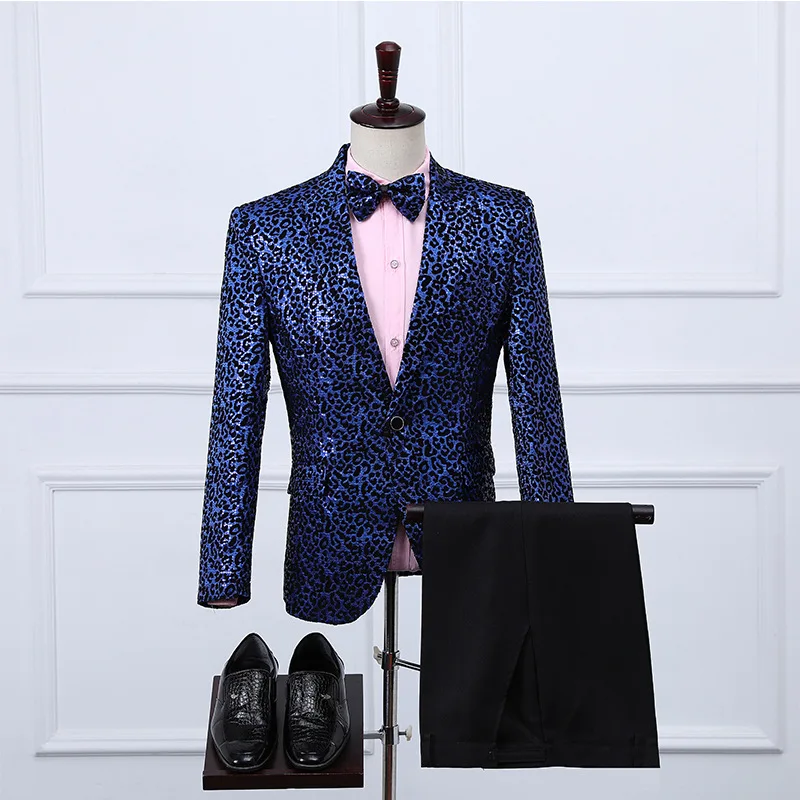 Royal Blue Леопардовые мужские костюмы с блестками, штаны с бабочкой, блестящие свадебные костюмы на одной пуговице, мужские Клубные, вечерние, выпускные, DJ платья, смокинг, костюм XXL - Цвет: Royal Blue