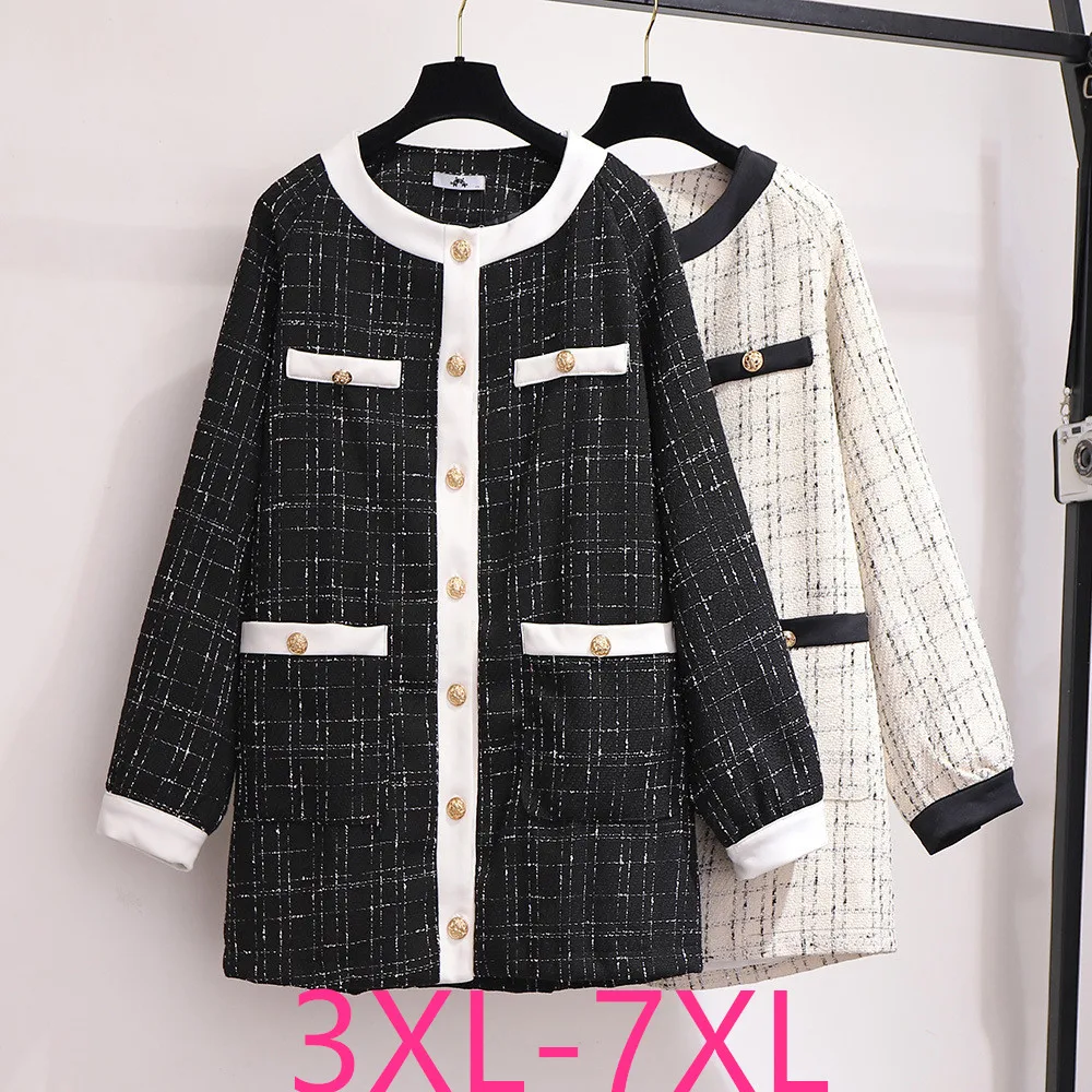 Осенняя зимняя куртка размера плюс для женщин, большие повседневные свободные длинные клетчатые пальто с длинным рукавом черного и белого цвета 3XL 4XL 5XL 6XL 7XL