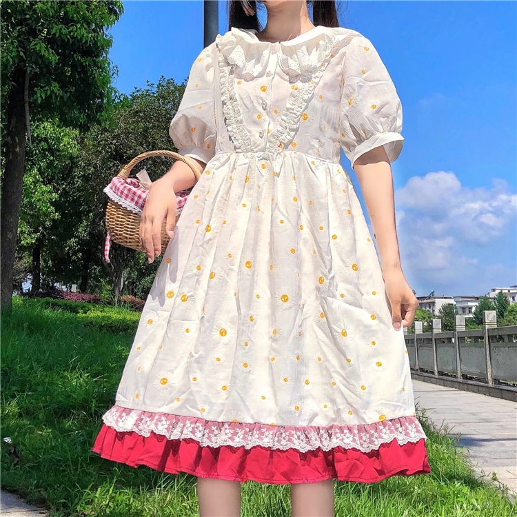 Japanese Lolita Style Sweet Soft Girl Dress Peter Pan Collar Cute Lace Splice Puff Sleeve Dresses Kawaii Ruffles Floral Dress
