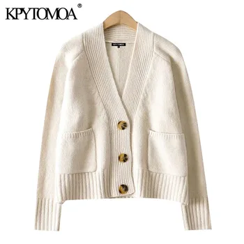 

KPYTOMOA Women 2020 Fashion With Pockets Loose Knitted Cardigan Sweater Vintage V Neck Long Sleeve Female Outerwear Chic Tops