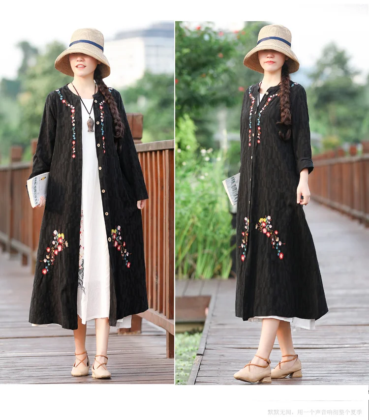 Autumn Clothing New Style Jacquard Embroidered Cotton Linen Retro Cardigan Elegant Large Size Mid-length Women's