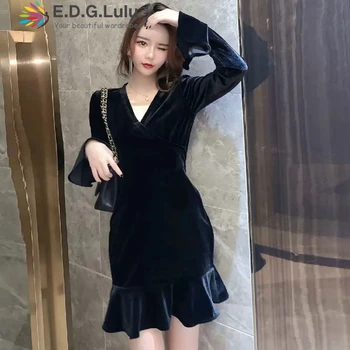 

EDGLuLu fall 2019 women black mini dress deep v-neck Ruffle sleeve velvet dress women long sleeve mermaid mini dresses