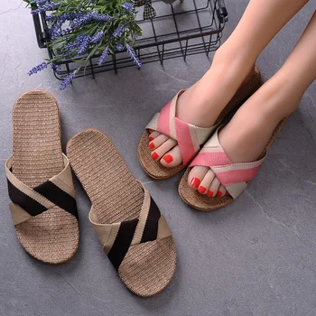 

Unisex Flax Slippers Women Men Indoor Home Slippers Non-slip Soft Linen Slides Couple Floor Flip Flops Summer Outdoor Sandals