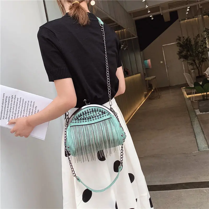 women bag green Дизайнерская винтажная женская сумка через плечо из искусственной кожи с бахромой и металлической цепочкой, сумки с замком поцелуя - Цвет: women bag green