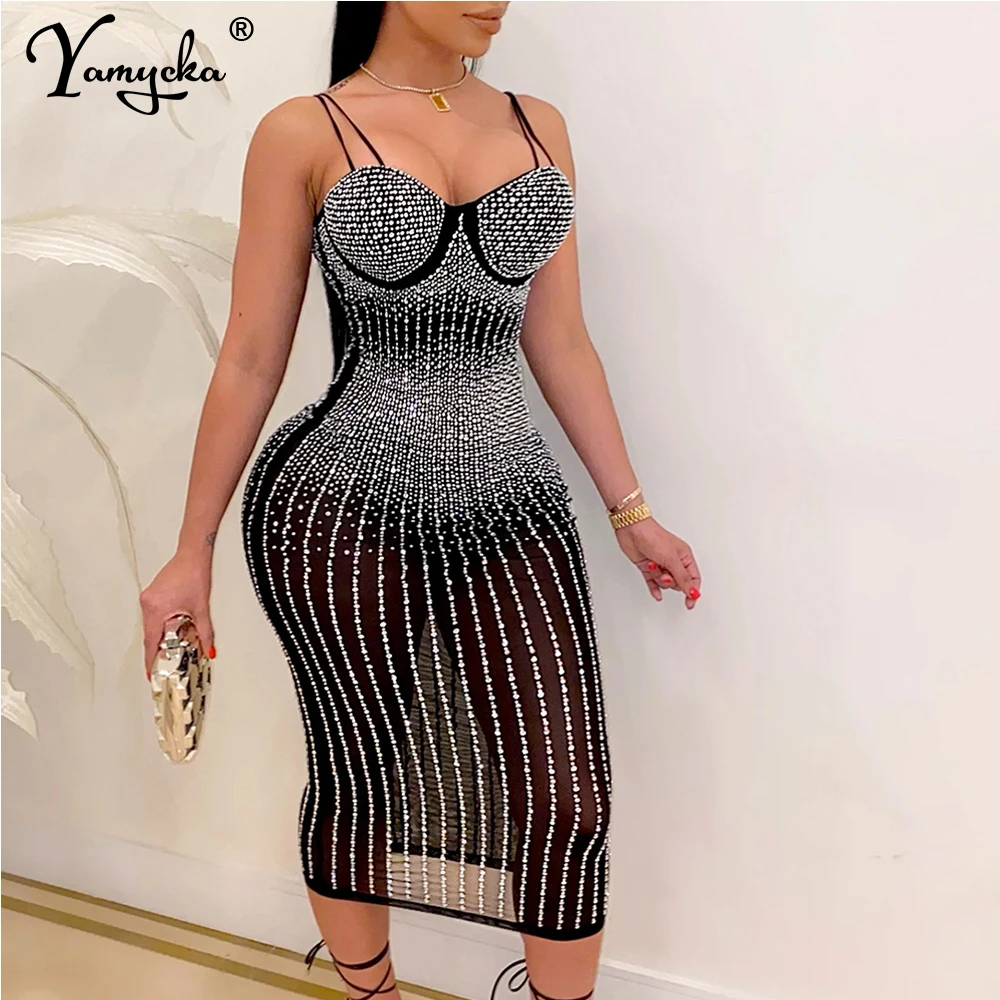 Sexy vintage See Through Rhinestone summer dress women corset bodycon Maxi dress backless shiny club party