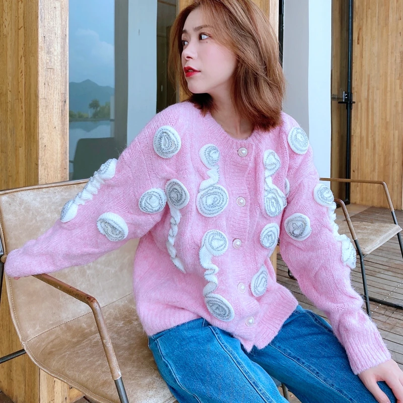 

Pink Cardigan with Floral Appliques 2020 Winter Thick Sweater Coat O-Neck Single Breasted Loose Cardigan Christmas Sweater Coat