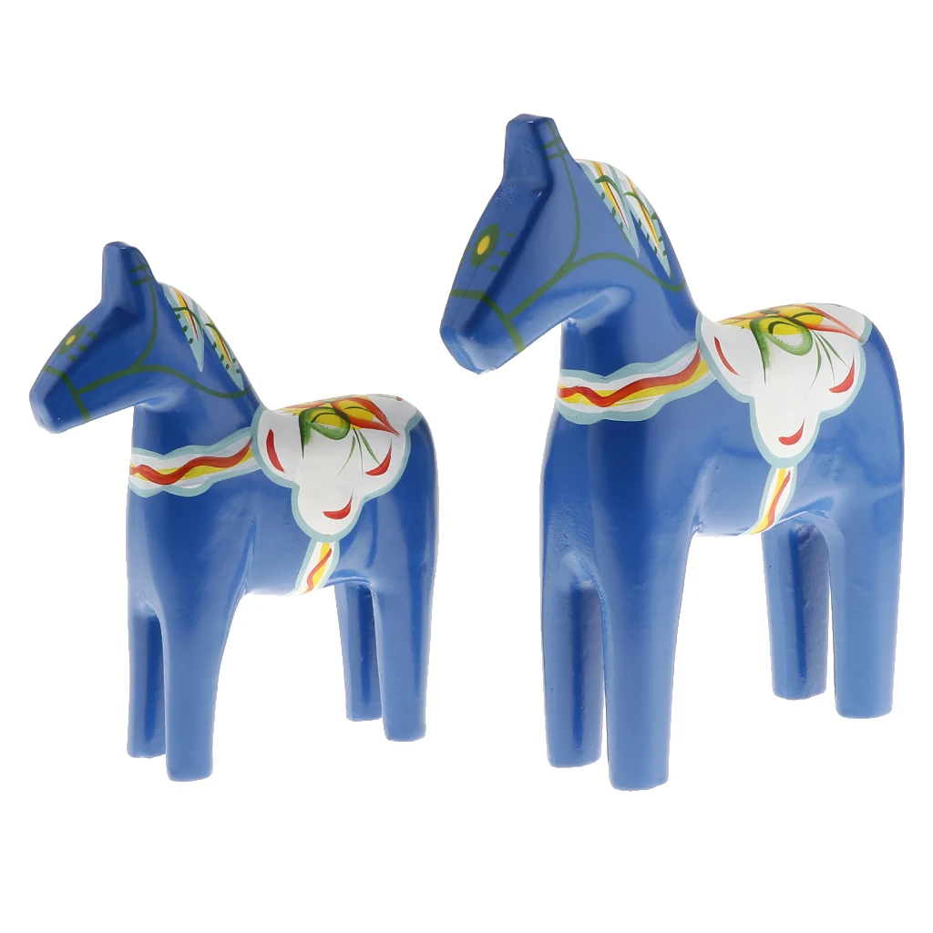 1 Pair Traditional Wooden Swedish Dala Horse , Hand-painted, Blue/ Red