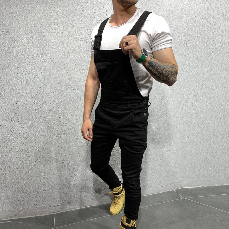 Laamei Men Adjustable Shoulder Strap Slim Denim Overalls Casual Bib Pants Jumpsuit Fashion Overalls For Man Suspender Pants