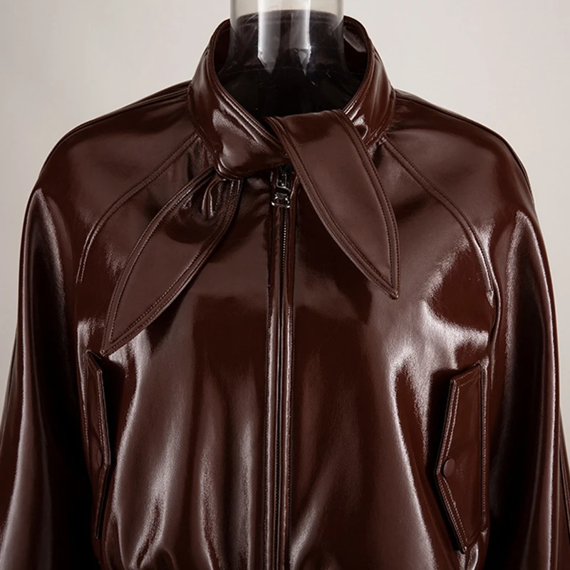 TWOTWINSTYLE повседневные Куртки из искусственной кожи для женщин водолазка фонарь с длинным рукавом на шнуровке пальто Женская мода одежда