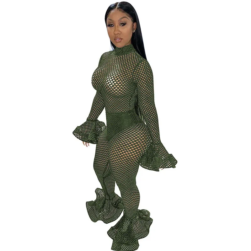 

Women Mesh See-through Sexy Jumpsuit 2019 Autumn Long Sleeve Hollow Out One Piece Overalls Flare Pants Nightclub Party Romper