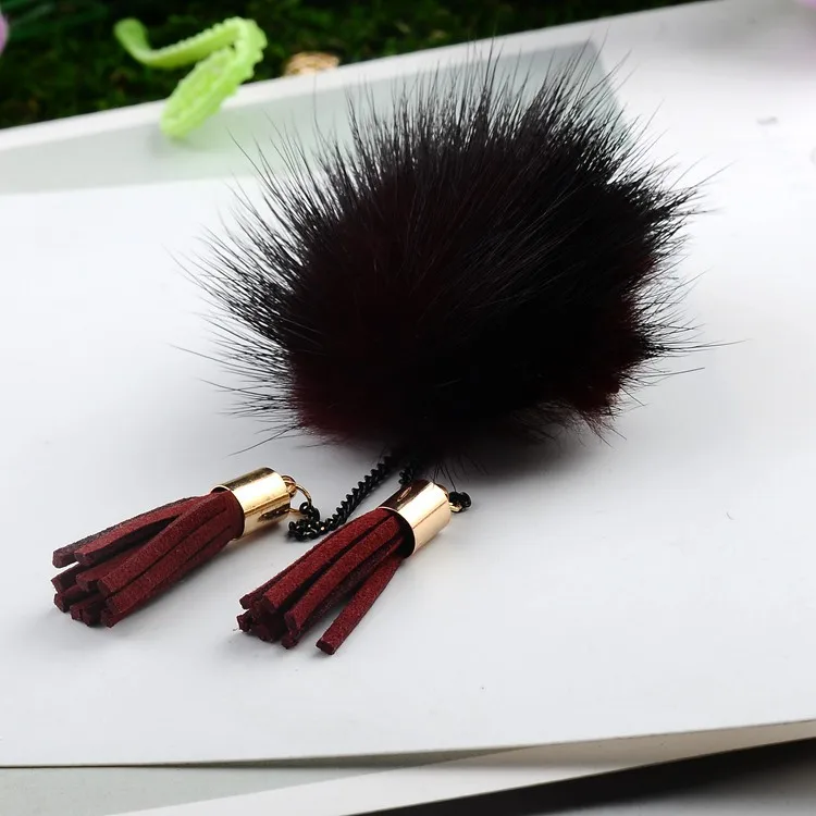 NEW cute real Mink hair fur ball Brooch Pins For Women with Tassel Korean Fur ball Piercing Lapel Brooches Collar Jewelry Gift - Окраска металла: Dark Burgundy