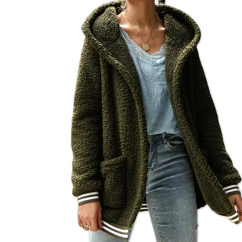 

Hooded Elegant Women Long Blends Teddy Fur 2019 Autumn Overcoat Open Stitch Hoody Jackets Slim Lady Pocket Fleece Cardigan GV729