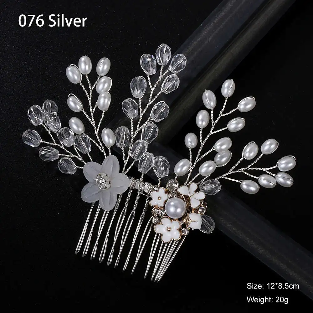 076 Silver Золотые серебряные свадебные гребни для волос для женщин, сделанное вручную из жемчуга и кристаллов цветок диадемы головной убор ювелирные изделия для волос аксессуары для волос - Цвет: 076 Silver
