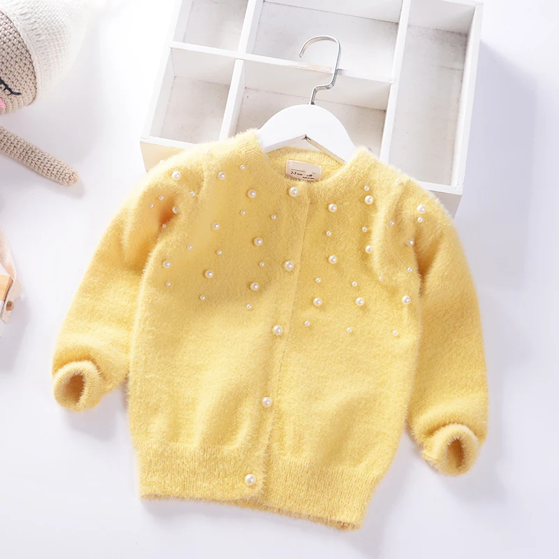 Осенне-зимний однотонный теплый свитер с жемчугом для девочек, бархатный вязаный кардиган принцессы с норкой, куртка, детская одежда, одежда для детей