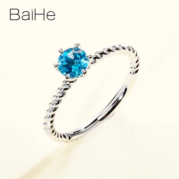 BAIHE Solid 14K белое золото 5 мм Сертифицированный безупречный круглый подлинный синий топаз помолвка женские модные ювелирные изделия Подарочное кольцо