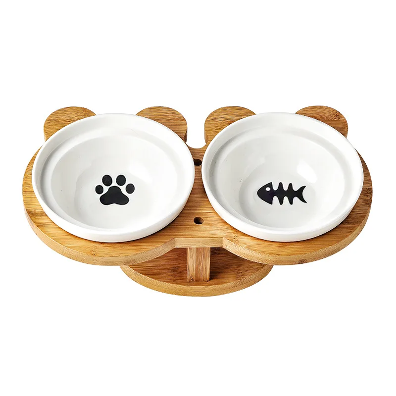 

New Amboo Wood Ceramics Cat Bowl Pet Supplies Double Bowls Food Water Bowl Protection Spine High Foot Oblique Pet Feeder