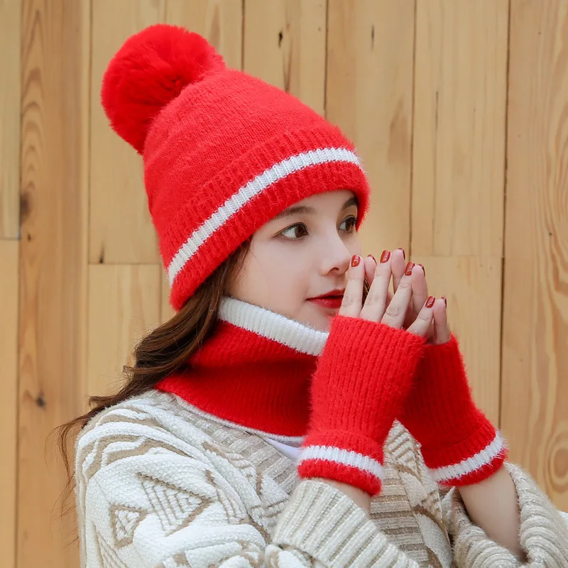 Осень зима искусственный мех кролика шапка набор Толстая теплая женская шапка шарф 2 шт наборы - Цвет: 54