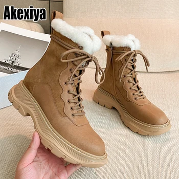 

Chic Comfortable lace up Genuine Leather wool snow boots round toe fashion winter keep warm women Ankle boots p561