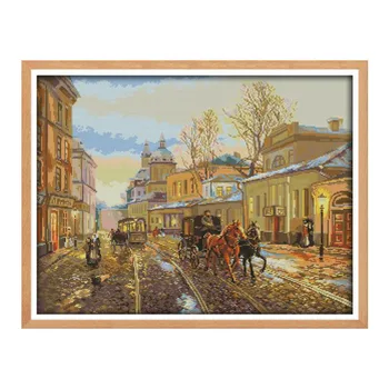 

Street View Printed Cross Stitch Kits 14CT 11CT White Fabric for Needlework Landscape Pattern Embroidery Set Handmade Home Decor