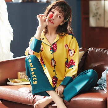 

New Lazy Style Women Pajamas Set 2020 Autumn Winter Full Cotton Women Pyjamas Set Leisure Long Sleeve Women Home Sleepwear Pant