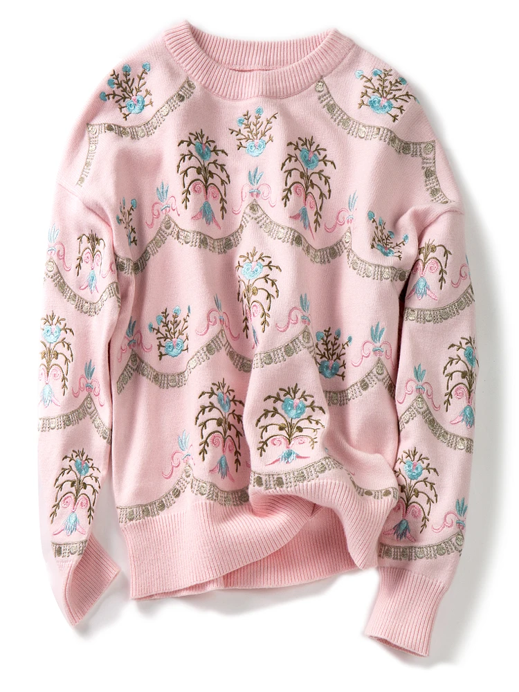 Розовый Truevoker Female Jumper Autumn Pink Designer Knitting Sweater Women's Long Sleeve Floral Embroidery Boutique Knitted Pullover - Цвет: Розовый