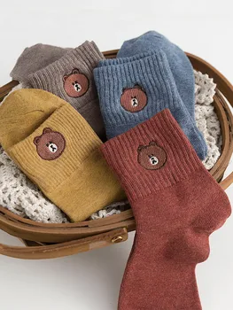 

Women's socks cotton Embroidery bear harajuku winter thick warm funny socks cartoon female sock for women girl sox meias mujer