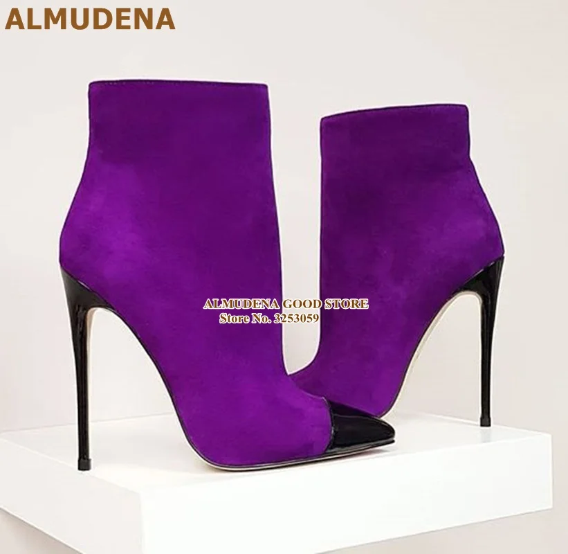ALMUDENA/фиолетовые замшевые черные Ботильоны на каблуке-шпильке; короткие ботиночки с острым носком; Разноцветные модельные туфли-лодочки в стиле пэчворк