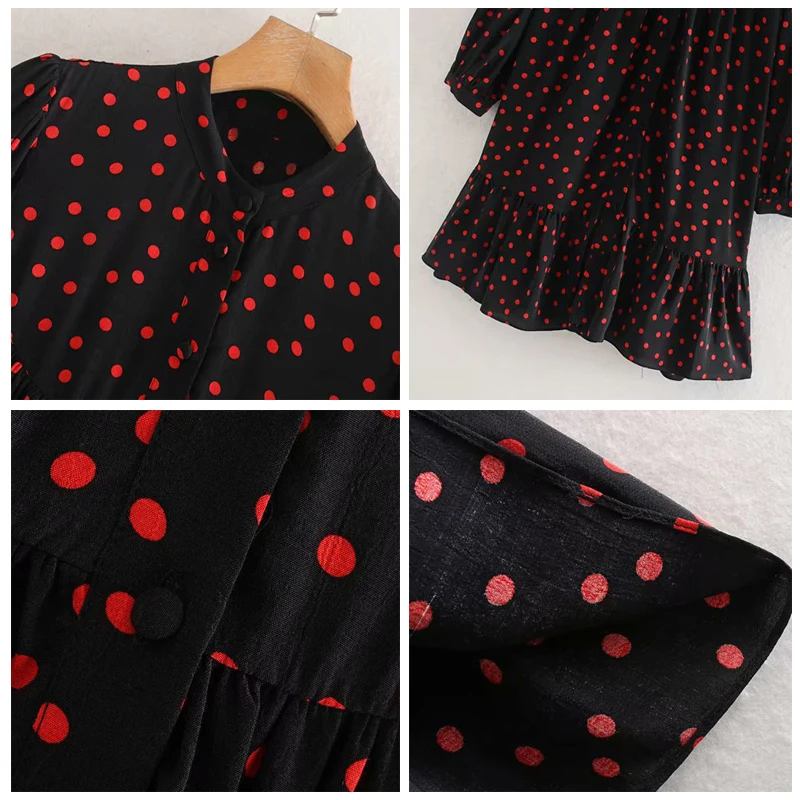 ROHOPO Черное мини-платье в красный горошек с круглым воротником и пуговицами, Vestido, плиссированное осеннее женское платье с длинным рукавом#6255