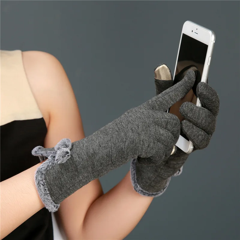 Высококачественные элегантные женские шерстяные перчатки для запястья, женские милые рукавицы с бантом, теплые зимние кашемировые перчатки для девочек