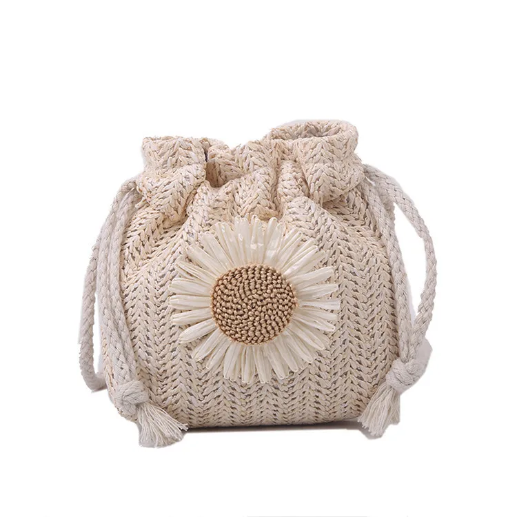 New summer beach wind cute sunflower crossbody woven bag Handmade crochet round straw bag female bag beach bag