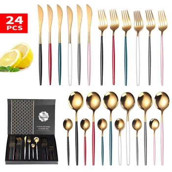 

24pcs/set High Quality Stainless Steel Dinnerware set Multicolors Gold Cutlery Set Kitchen Accessoties Flatware Gift