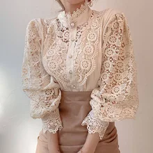 

Stand Collar Lace Shirt Woman Clothes Fashion Trends 2022 Puff Long Sleeve Top Plus Size Button Up Shirts Black White Apricot