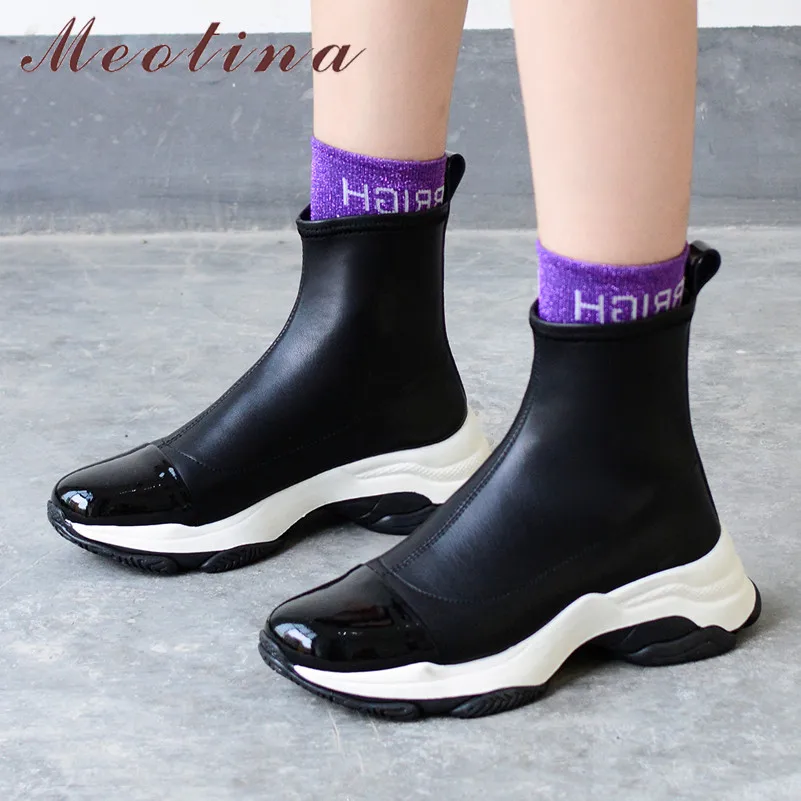 

Meotina Winter Ankle Boots Women Natural Genuine Leather Flat Platform Short Boots Slip on Round Toe Shoes Lady Autumn Size 5-9