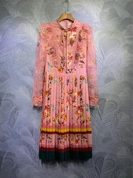 

high quality 2020 runway women long lace sleeve floral printed dresses stand collar ruffles bow pleated midi dress y302