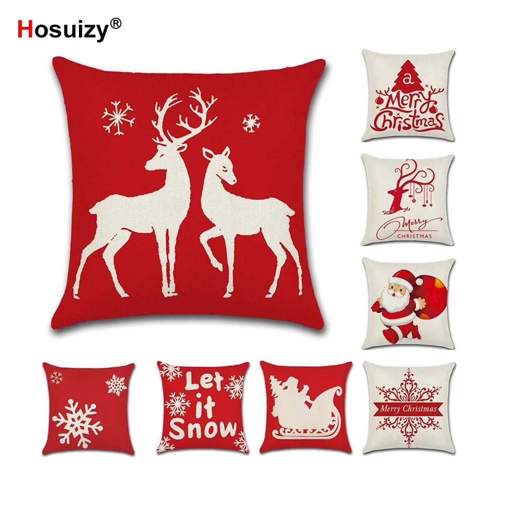 

Merry Christmas Decorative Cushion Covers 45x45cm Linen Red and White Animal Vintage Throw Pillow Cover for Sofa Living Room