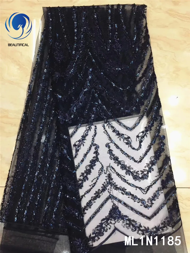 

Beautifical nigerian lace fabrics net lace with sequins and beaded Latset design french mesh lace fabric 5yards ML1N1185