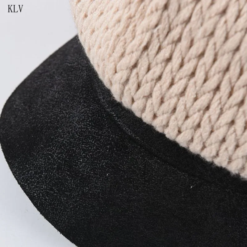Womens Winter Knit Patchwork Baseball Cap Contrast Color Classic Painter Octagonal Beanie Beret Hat with Visor