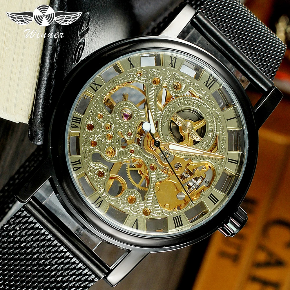 

WINNER Classic Golden Mechanical Mens Watches Top Brand Luxury Stainless Steel Strap Skeleton Dial Fashion Business Wrist Watch