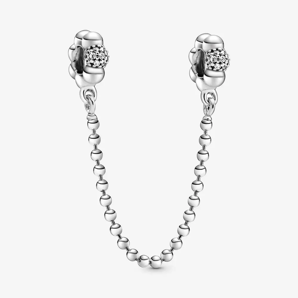 

2020 Valentine's Series New 100% 925 Silver Beads & Pave Safety Chain Charm fit Original Pandora Bracelets DIY Women Jewelry