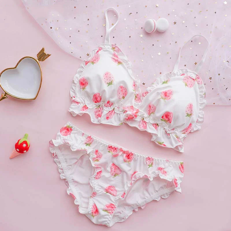 

Big Strawberry Cute Japanese Milk Silk Bra & Panties Set Wirefree Soft Underwear Sleep Intimates Set Kawaii Lolita Underwear Set