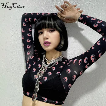 

Hugcitar 2020 long sleeve moon print mesh see-through y2k crop top camis 2 piece autumn winter women fashion streetwear outfits