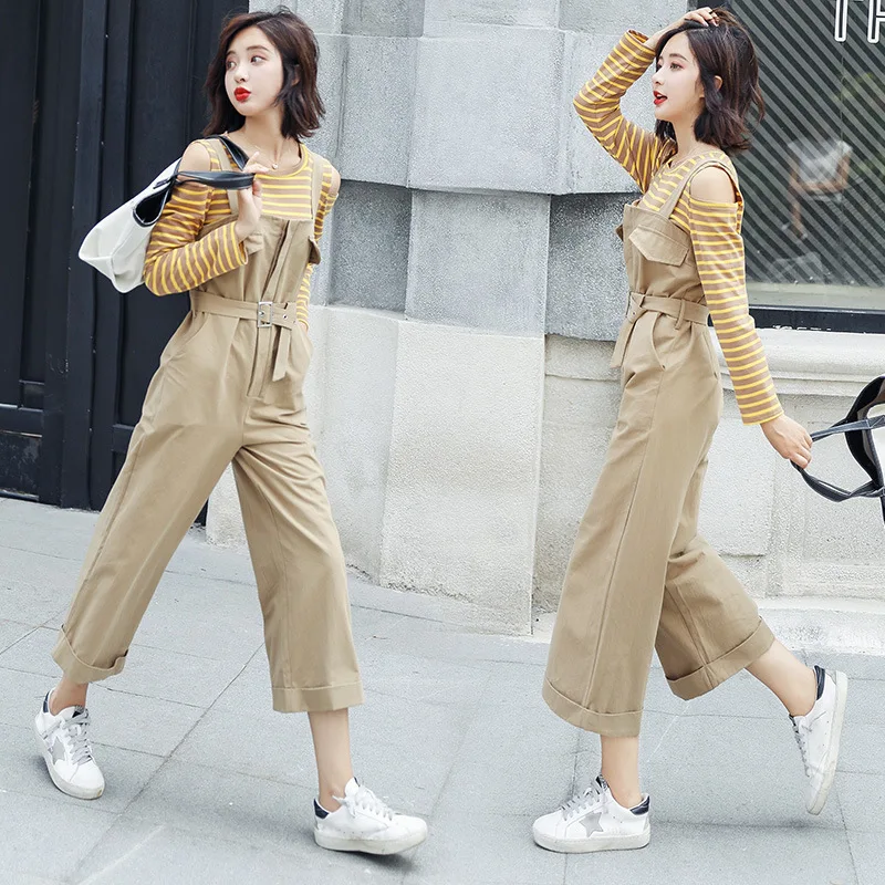 

2019 Spring New Style Fashion Korean-style Stripes Crew Neck Slim Fit Tops Lace-up Slimming Mid-length Onesie Set