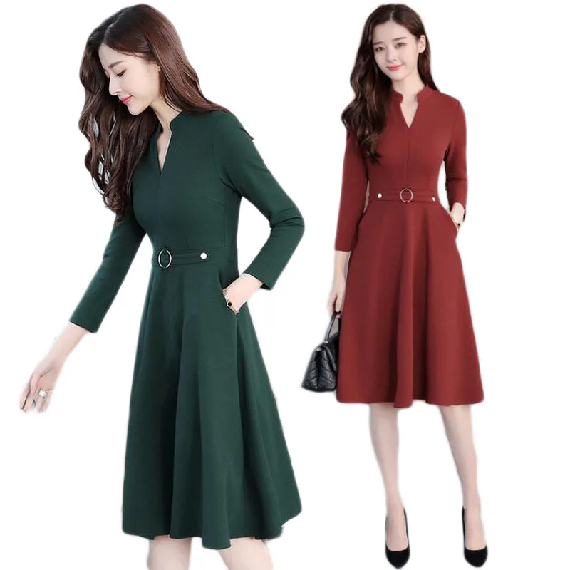 

Plus Size 2019 Autumn Winter New Black Midi Dresses Women Elegant Bodycon V-Neck Dress Party Long Sleeve Runway Vestidos E409