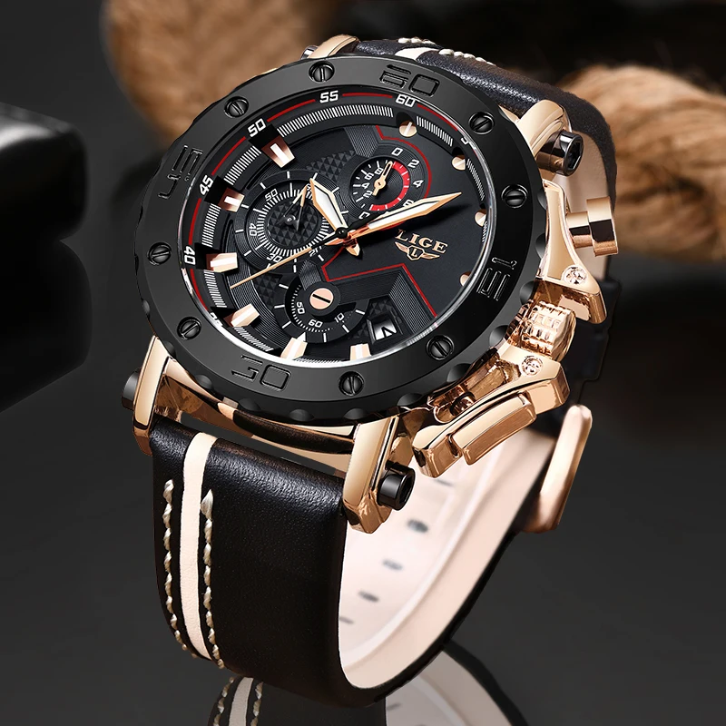LI0GE Sport Clock Mens Watches Top Brand Luxury Chronograph Casual Leather Waterproof Date Quartz Watch Relogio Masculino