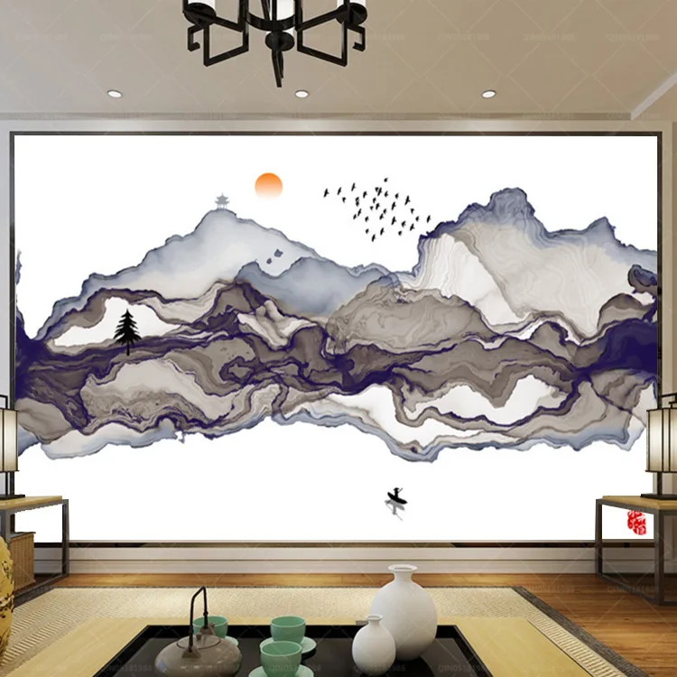 

New Chinese Style Ink Landscape Wallpaper Library Bedroom Living Room Wall Wallpaper Hand-Painted Abstract Artistic Conception L