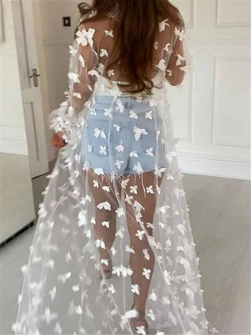 Women's Long Swimsuit Cover Up Sexy Open Front 3D Flowy Kimono Cardigan Summer Holiday Beach Clothes Bathsuit