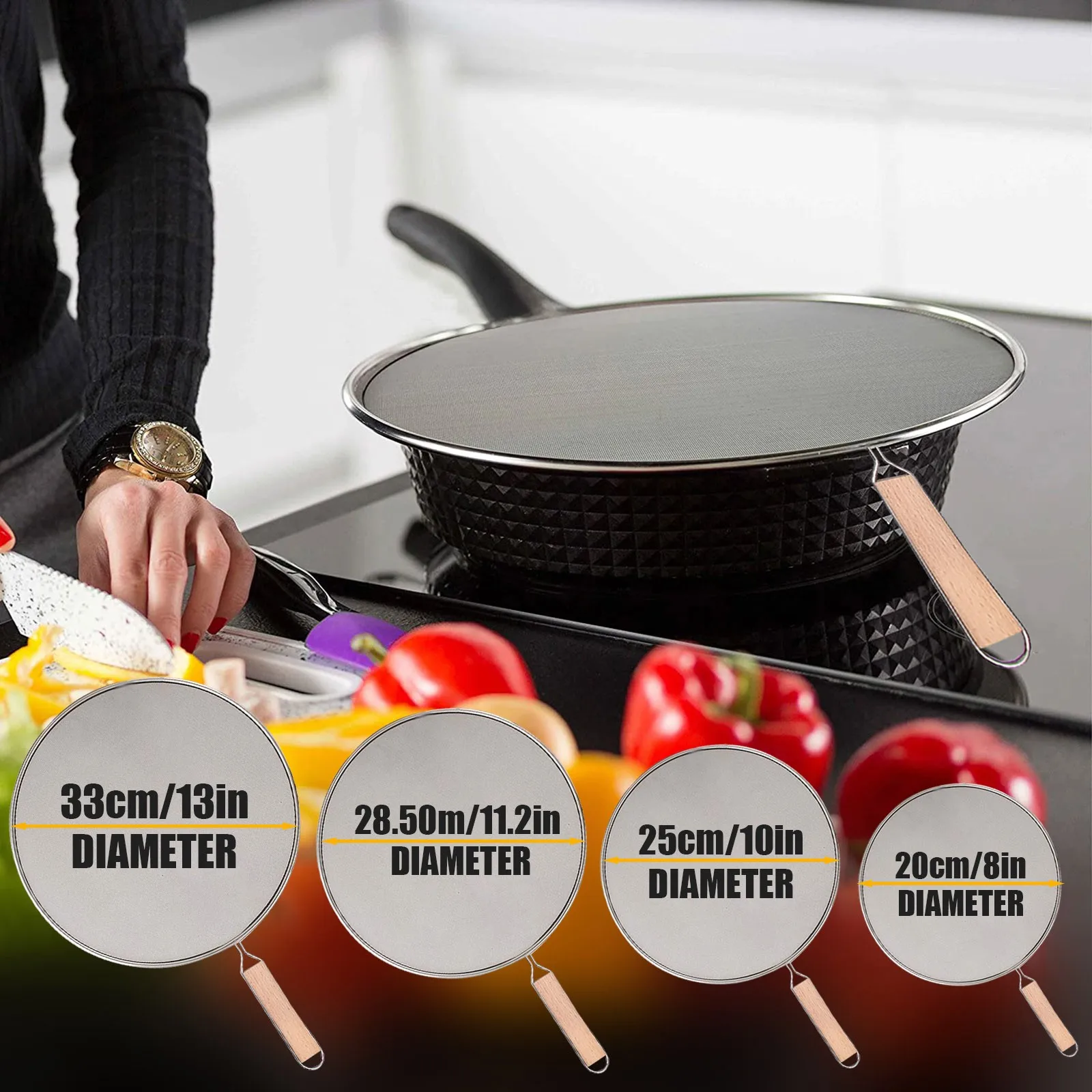 Stainless Steel Blast Cover Kitchen Splash Proof Oil Mesh Wooden Handle Splatter Screen Pot | Дом и сад
